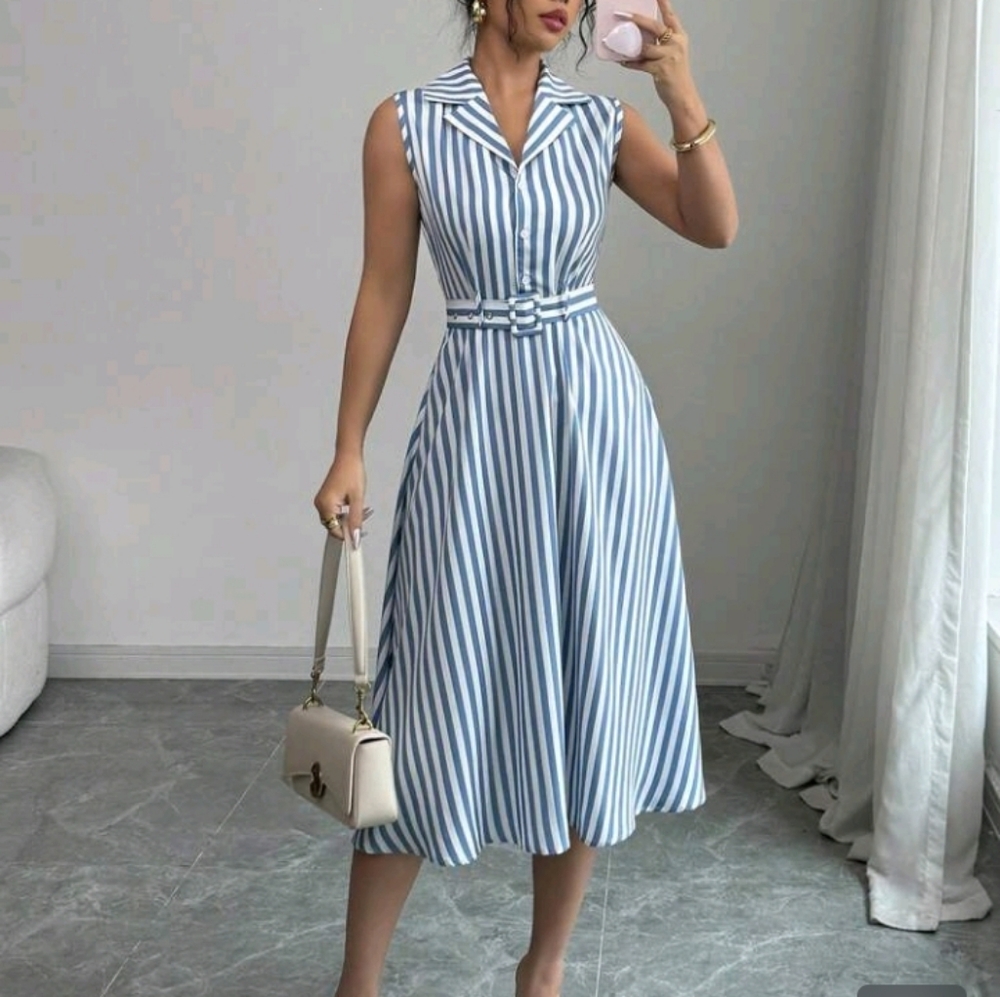 Striped Blue and White Sleeveless Dress